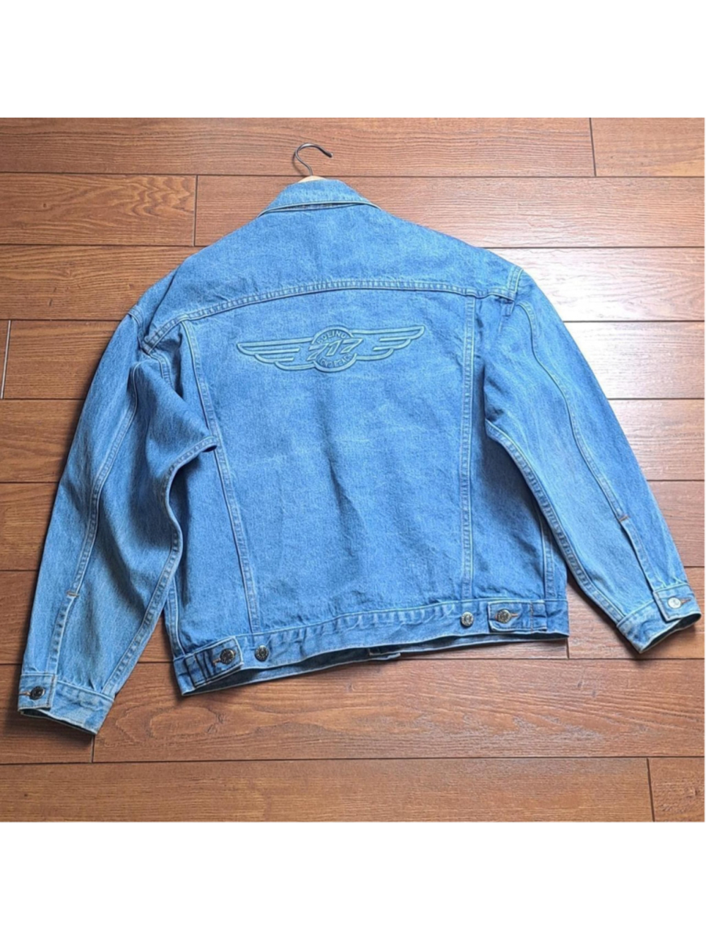 Vintage 90s Boeing 717 Embossed Denim Jacket Tagged Small Fits M/L